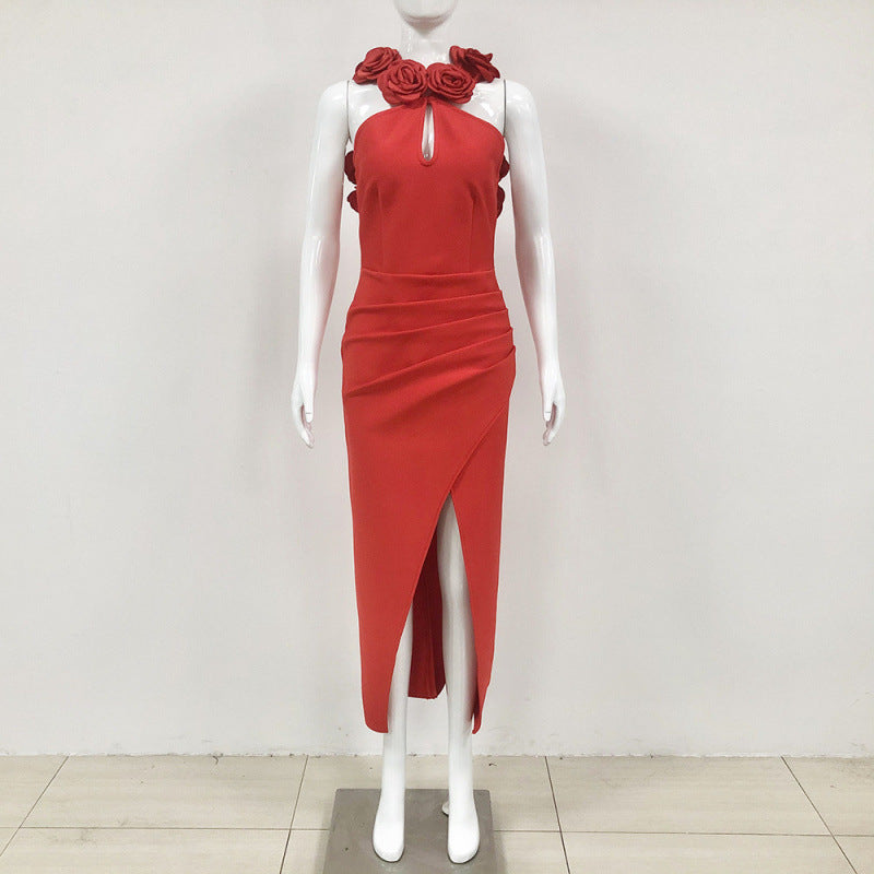 Women Sexy Sleeveless Backless Red Flower Bandage Dress 3