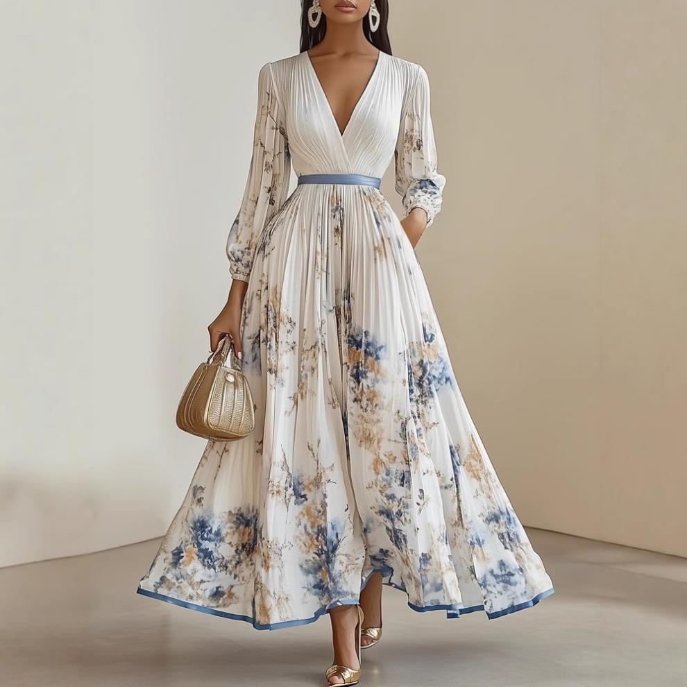 Women's Digital Print V-Neck Long-Sleeve Pleated Maxi Dress
