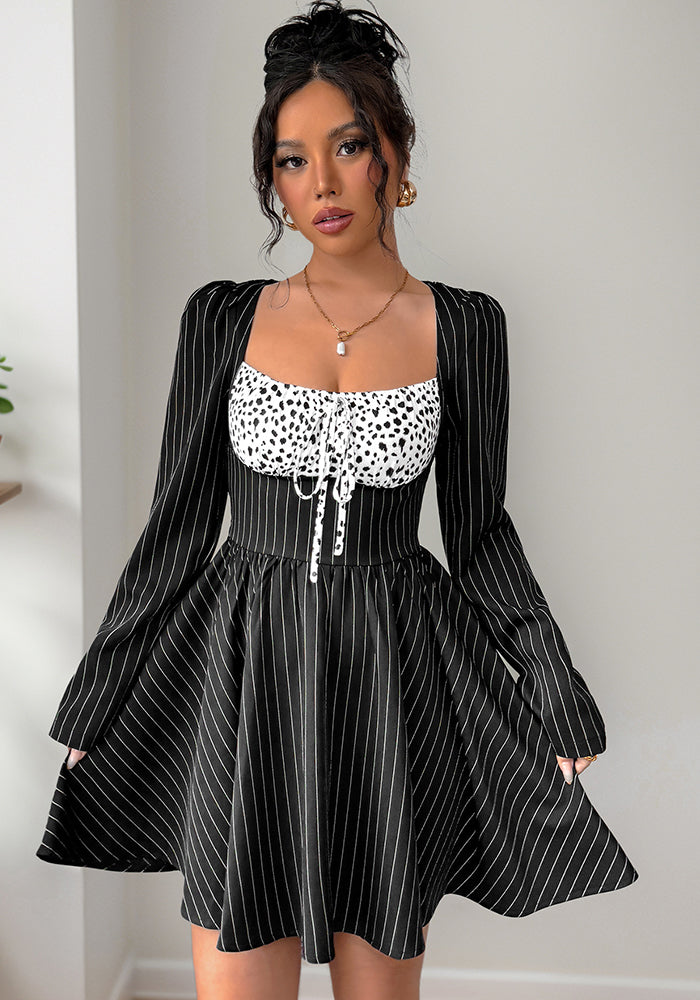 Elegant Contrast Patchwork Striped Long-Sleeve Autumn Dress