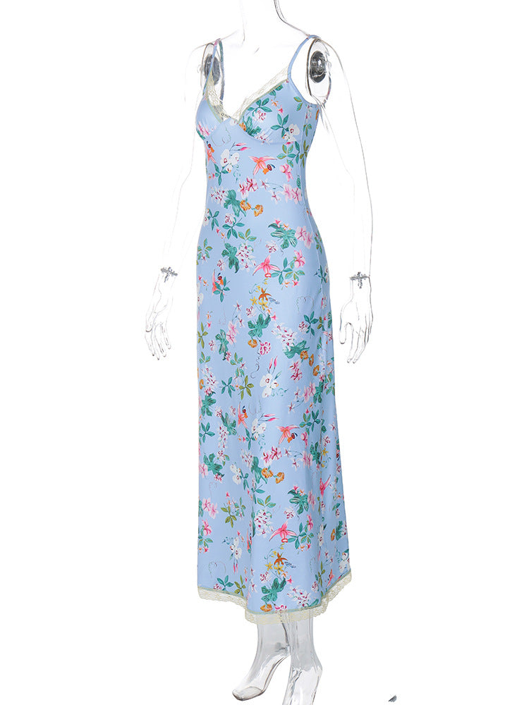 Floral Strap Sexy Low Back Slim Long Dress 11