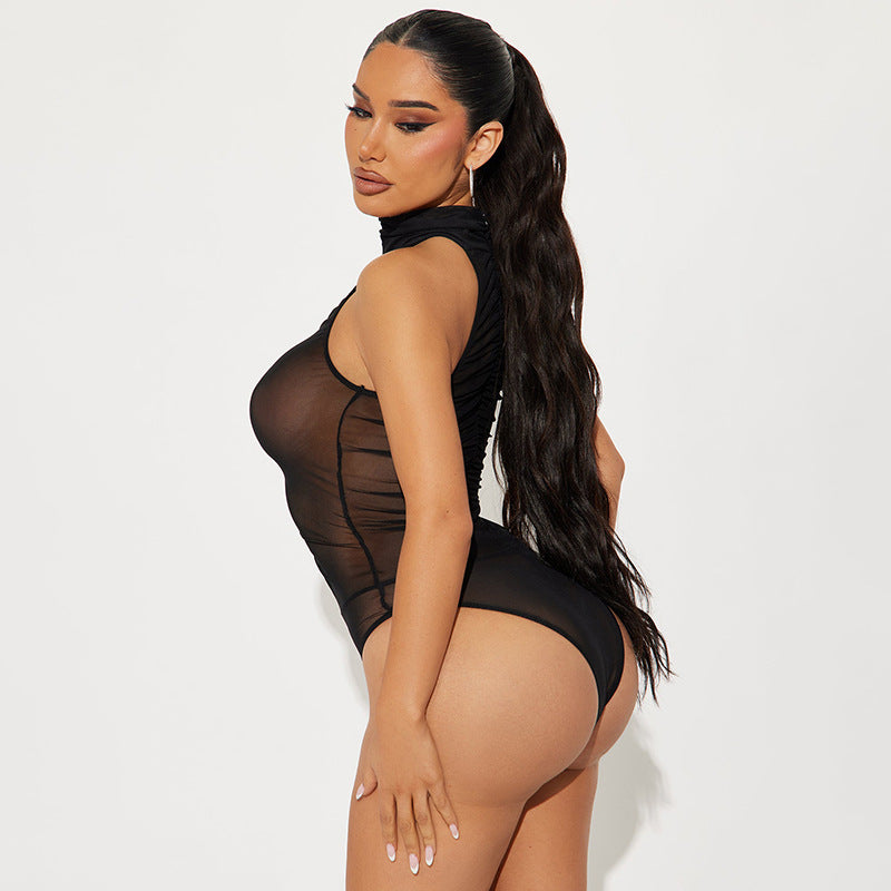 Spring Summer Women's Mesh See-Through Halter Neck Bodysuit Gathered Bodycon Skirt Set 6