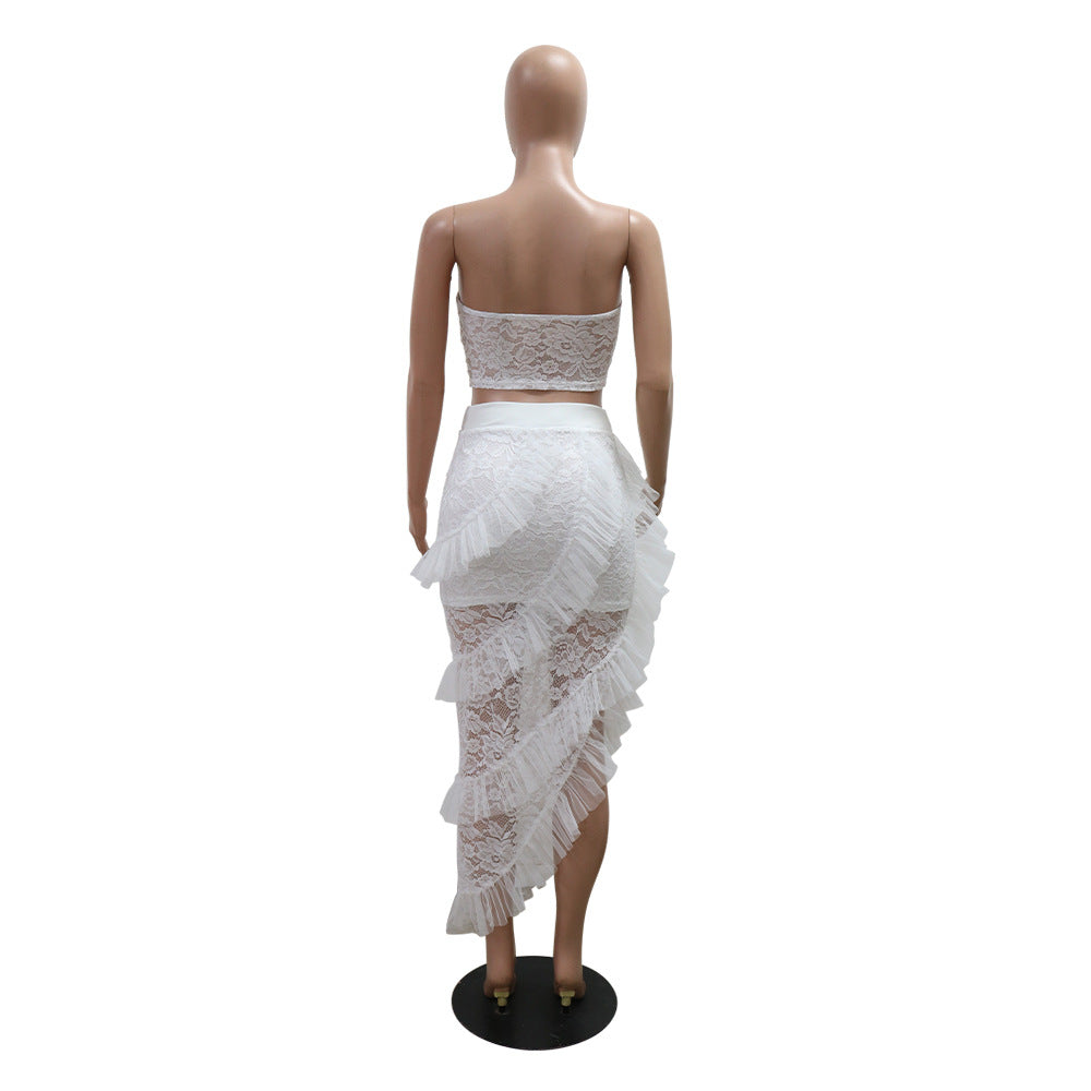 lace Strapless top irregular skirt solid color women two-piece set 8