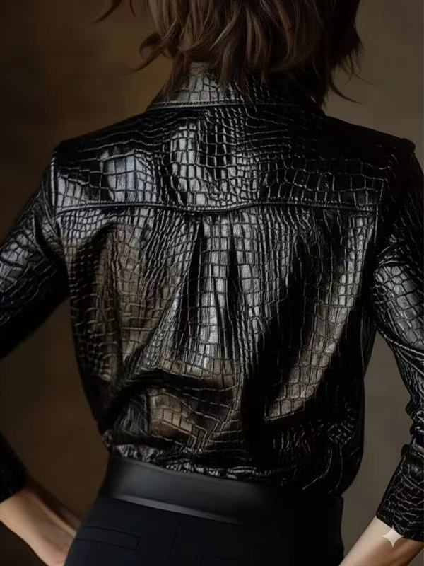 Women Pu Leather Shiny Snake Print Long-Sleeved Shirt