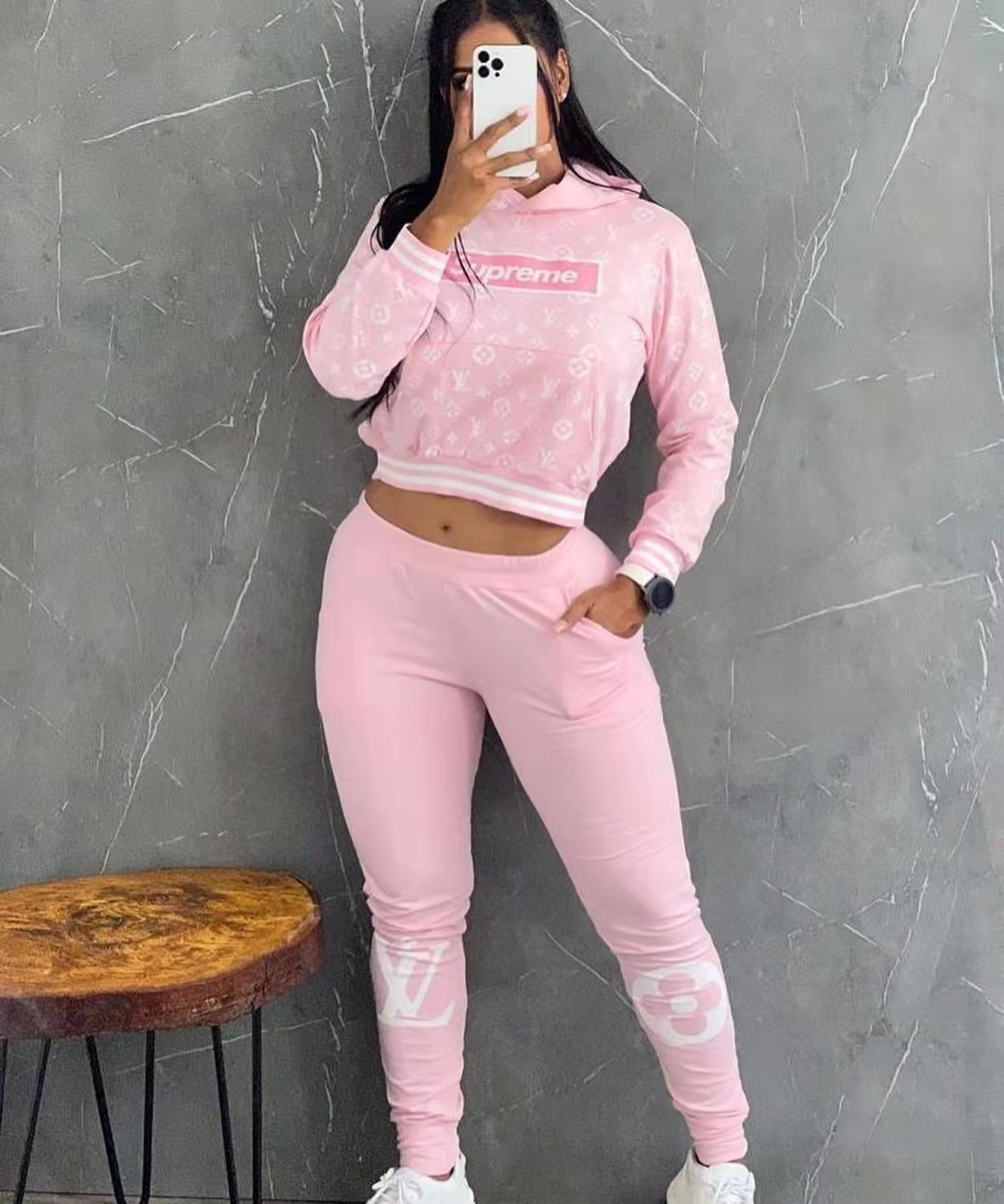 Women's Casual Fashion Ribbed Pocket Hoodies Two-Piece Pants Set 3