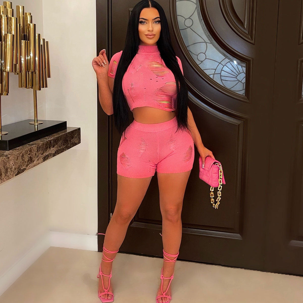 Women Fashion Knitting Tight Fitting Hollow Out Sexy Two Piece Shorts Set Spring Summer 6