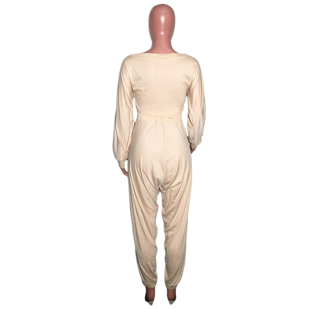 Women's Sexy Crop V-Neck Solid Color Cross Front Top Pants Two-Piece Set 9