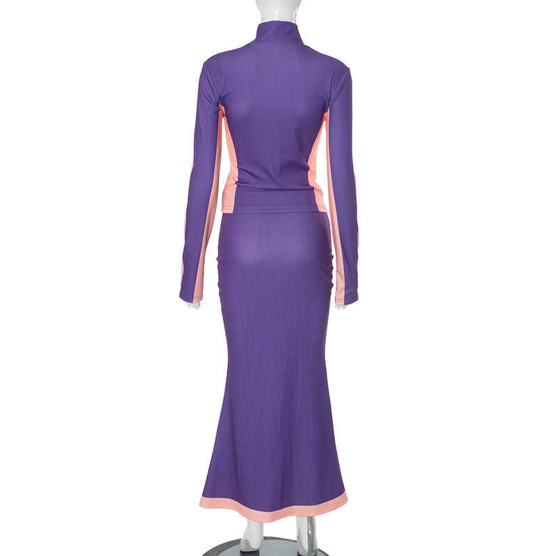 Women Letter Zipper Top and Long Skirt Two Piece Set 7