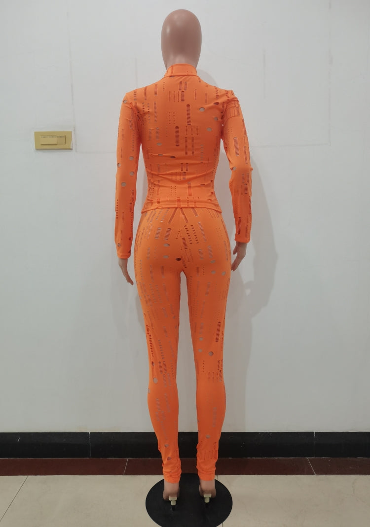 Spring Orange Sexy Hollow Out Tight Top and Pants Two Piece Set 4