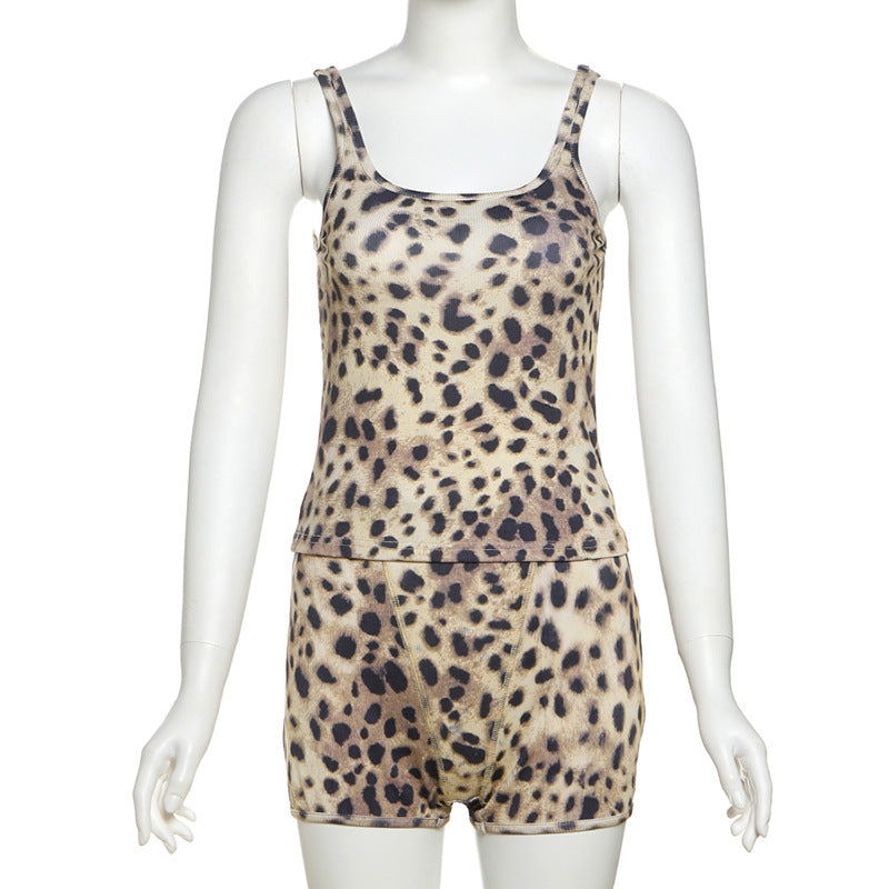 Women's Spring Leopard Print Slim Fitted Camisole and Casual Shorts Set 13