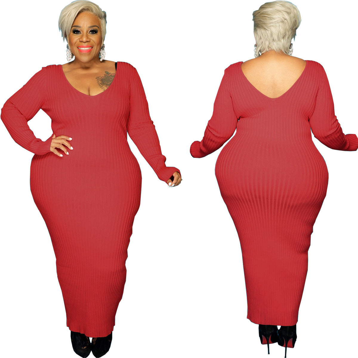 Plus Size Women Sexy Solid V-Neck Dress 12