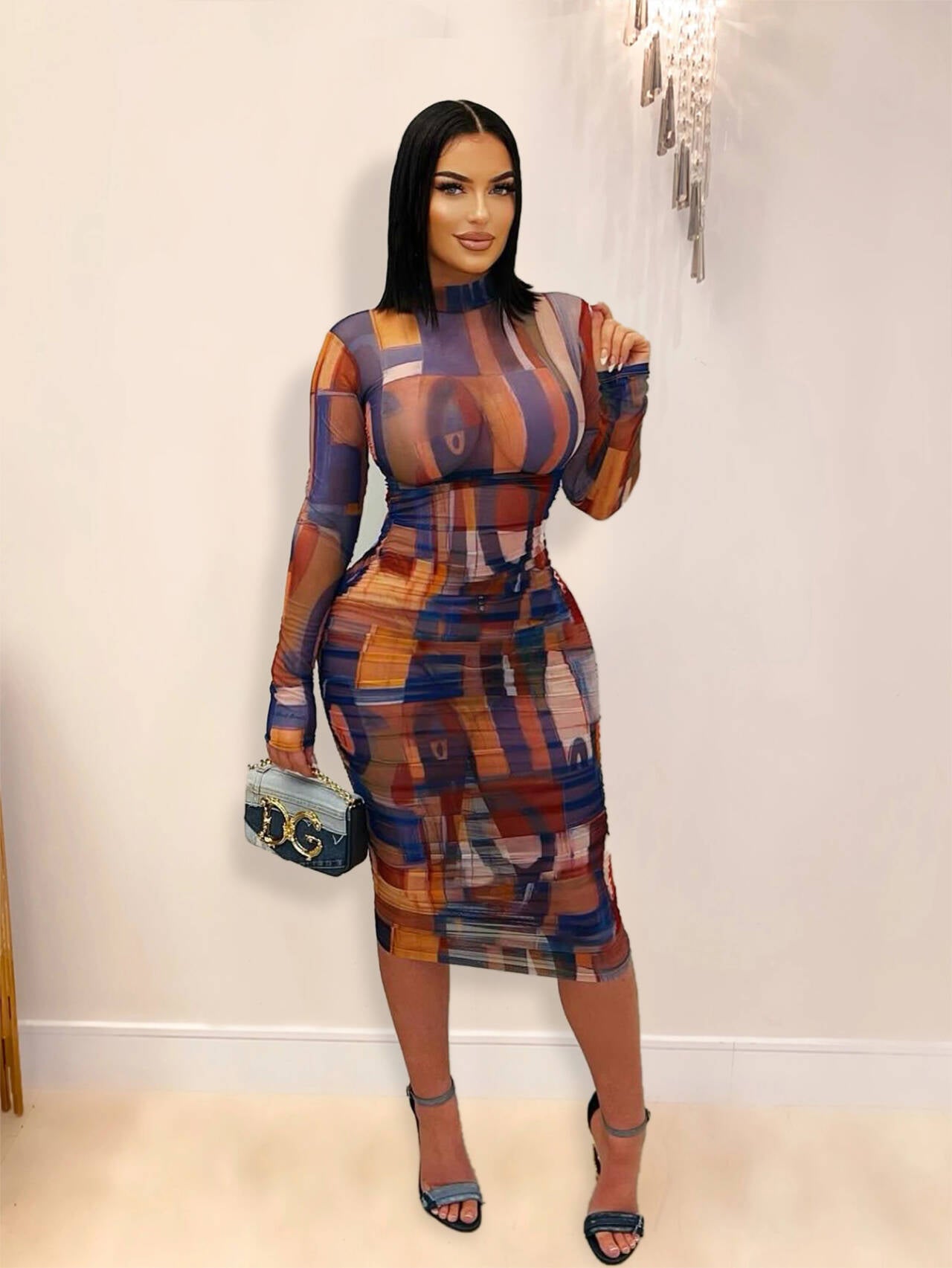 Women Elegant Printed Mesh Pleated Dress