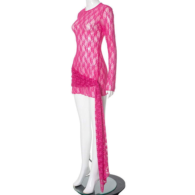 Women's Autumn Fashion See-Through Lace Long-Sleeved Short Slim Bodycon Dress 8