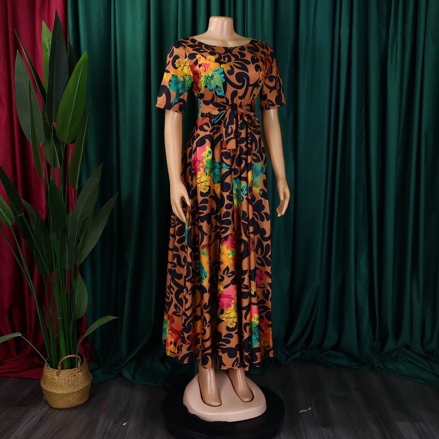 Women's Fashion Chic Tie-Waist African Plus Size Short Sleeve A-Line Dress 44