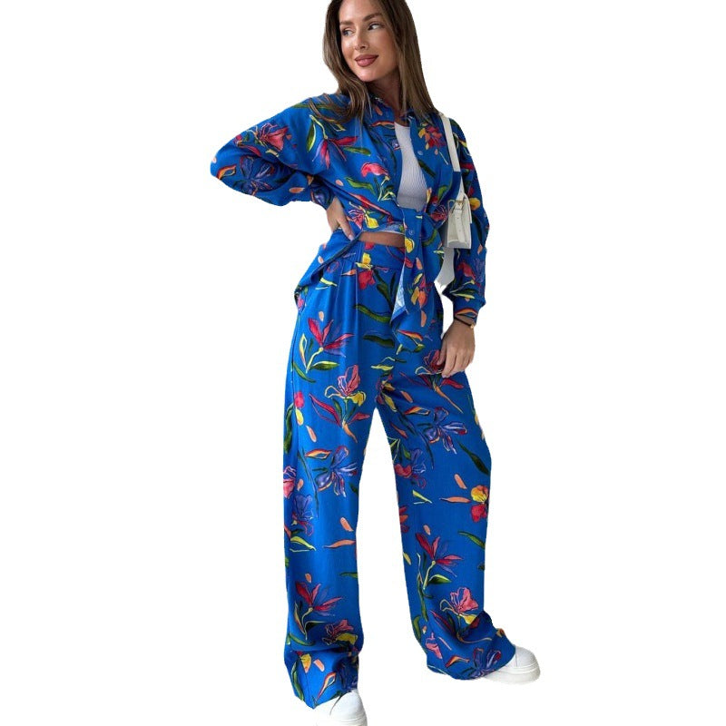 Plus Size Women printed lace-up loose shirt and straight pants two-piece set 6