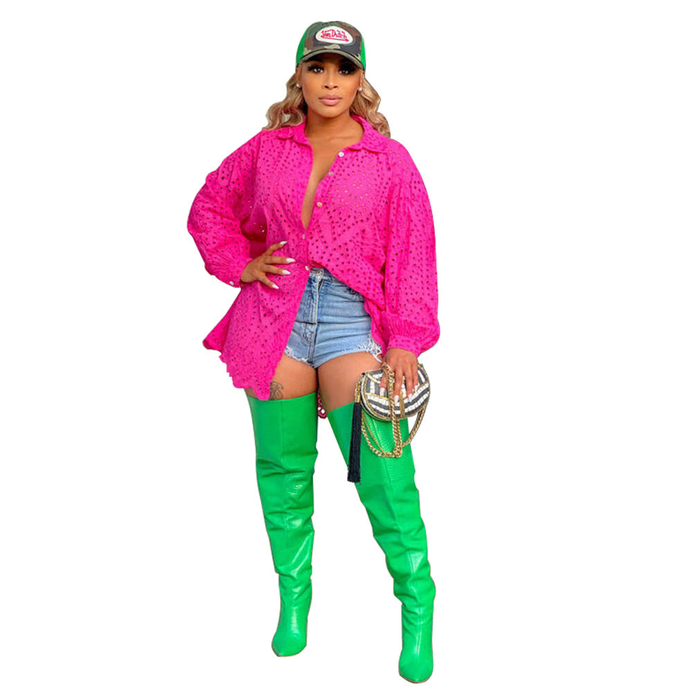 Women Clothes Fashion Solid Cutout Casual Shirt Dress 6