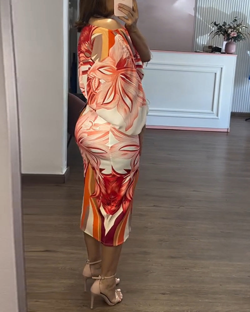 Women's Floral Side-Drawstring Loose Crop Top & Slim Side-Slit Mid-Length Skirt Set 3