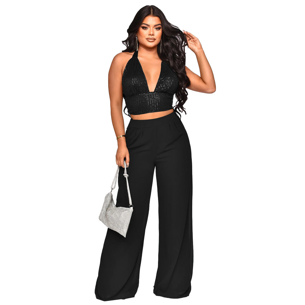 Sexy Sequined Halter Neck Tank Top Chiffon High-Waisted Straight Pants Two-Piece Set 6
