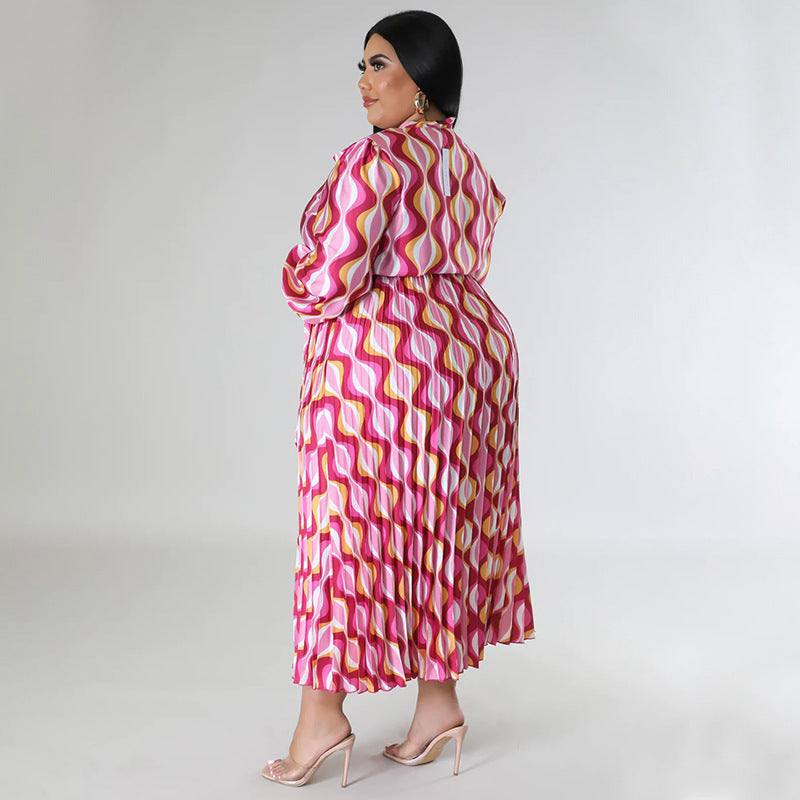 Plus Size Women Lace-Up Long Sleeve Printed Pleated Dress 36