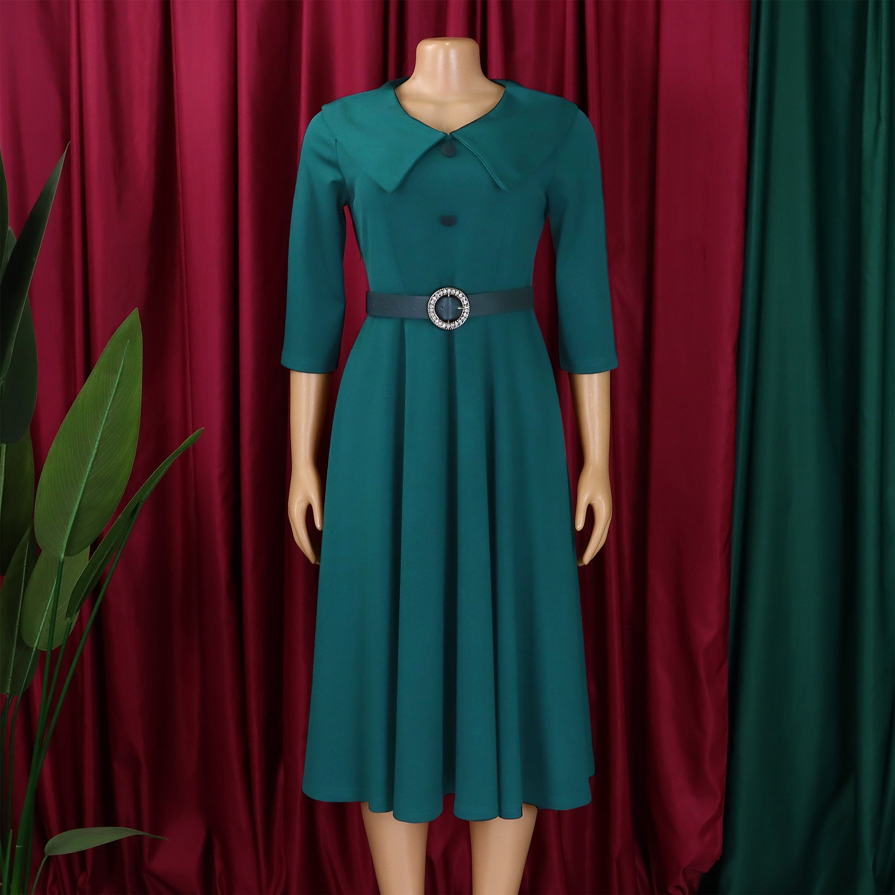 Women's Chic Turndown Collar Short Sleeve A-Line African Dress 15