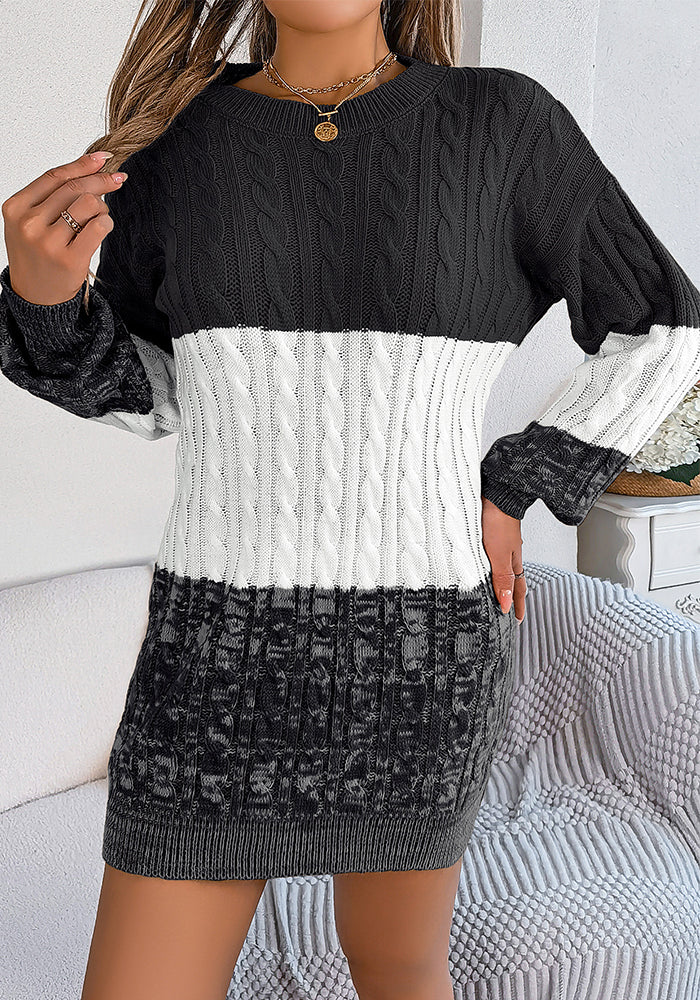 Autumn Winter Casual Color Matching Twisted Lantern Sleeve Sweater Dress Women's Clothing