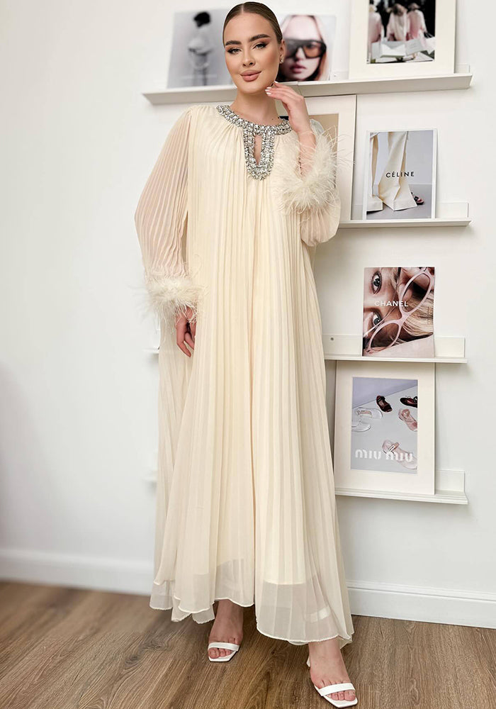 Women Round Neck Diamond Furry Patchwork Pleated Elegant Solid Dress