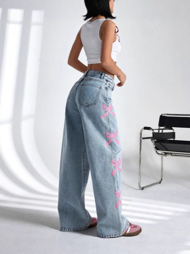 Women casual printed washed butterfly denim pants