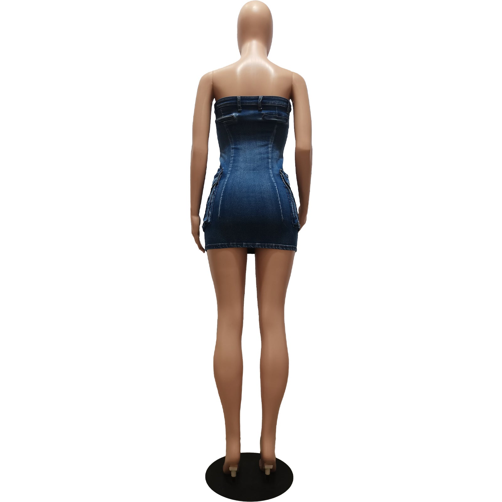 Women Sexy Strapless Washed Button Stretch Denim Dress 9