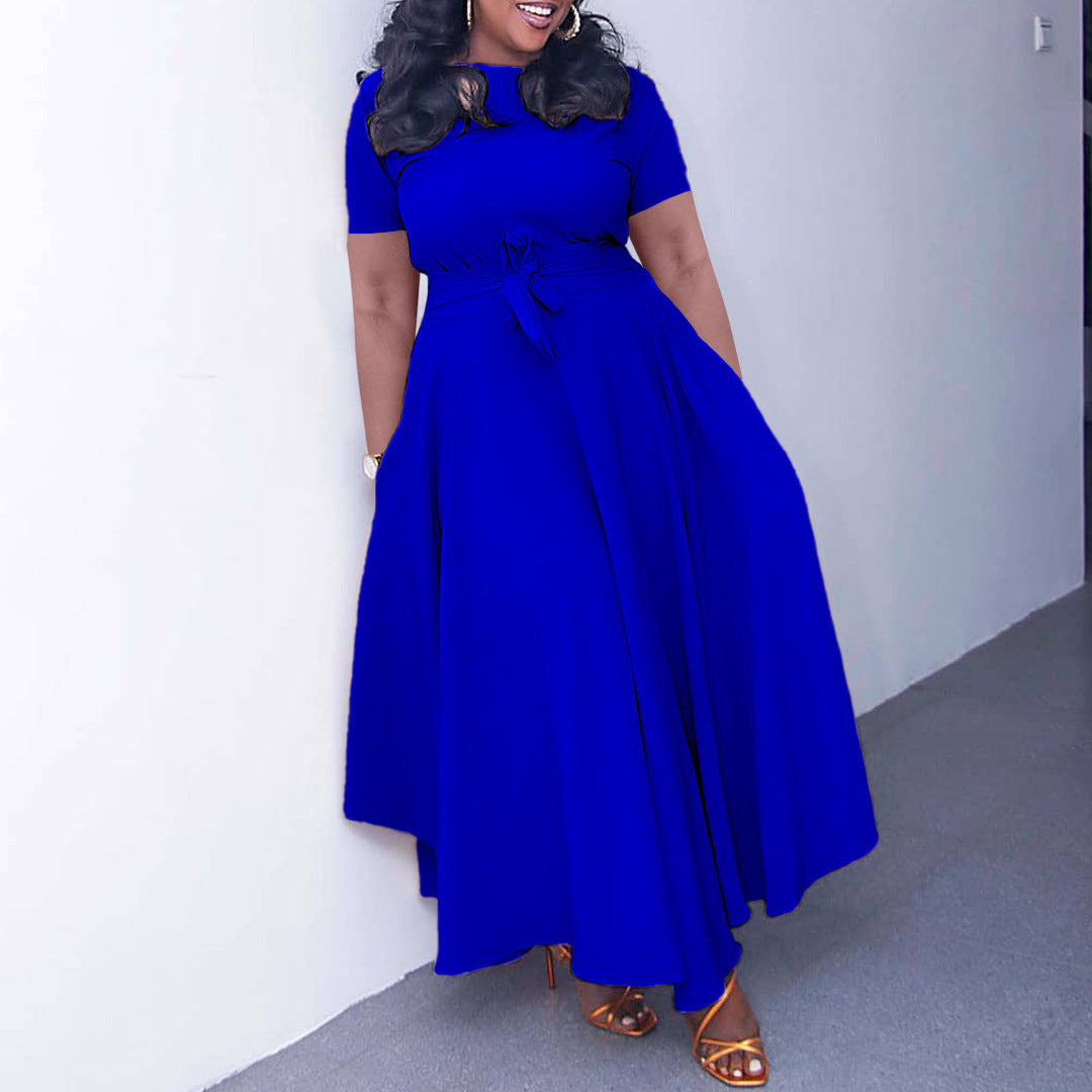 Women'S Summer Fashion Chic Solid Short Sleeve A-Line Africa Plus Size Dress 3