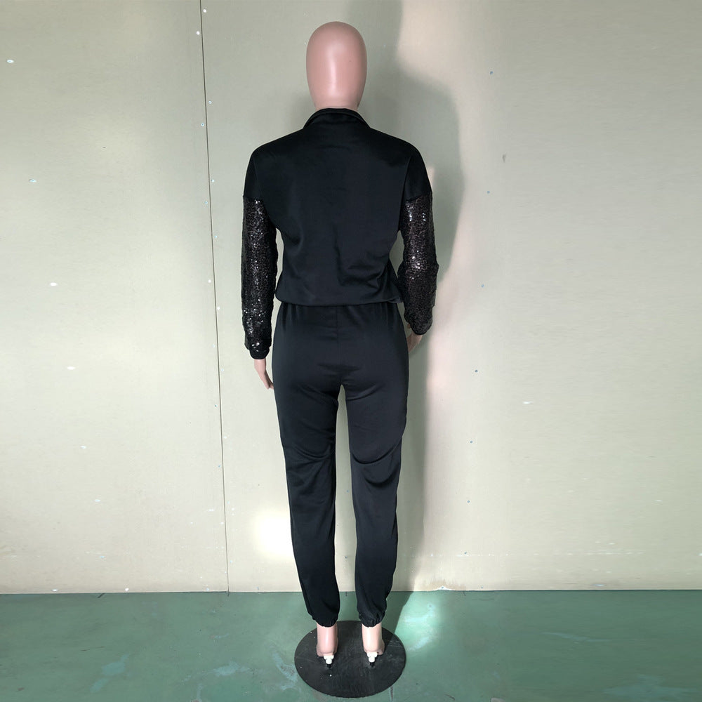 Women Sequin Colorblock Long Sleeve Top and Pant Two Piece Set 8