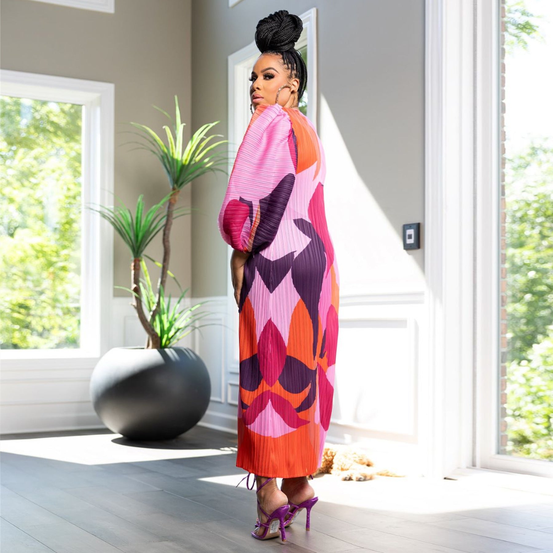 Women Lantern Sleeve Pleated Dress 7