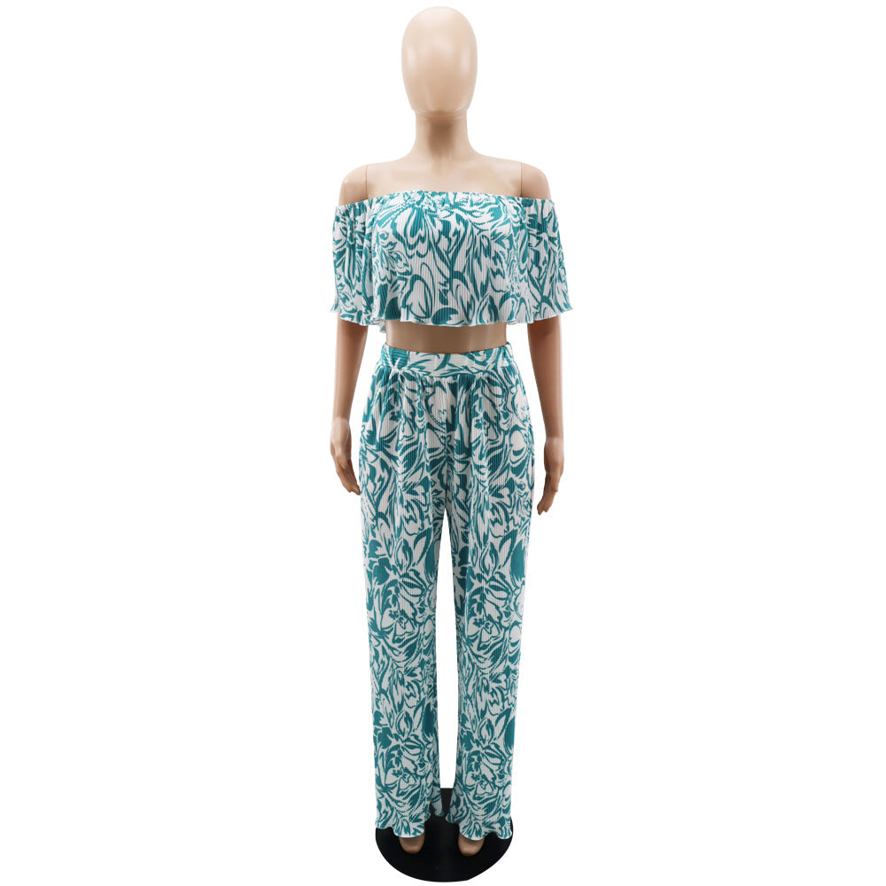 Women's Off Shoulder Wrap Crop Slim Waist Pants Two-Piece Set 11