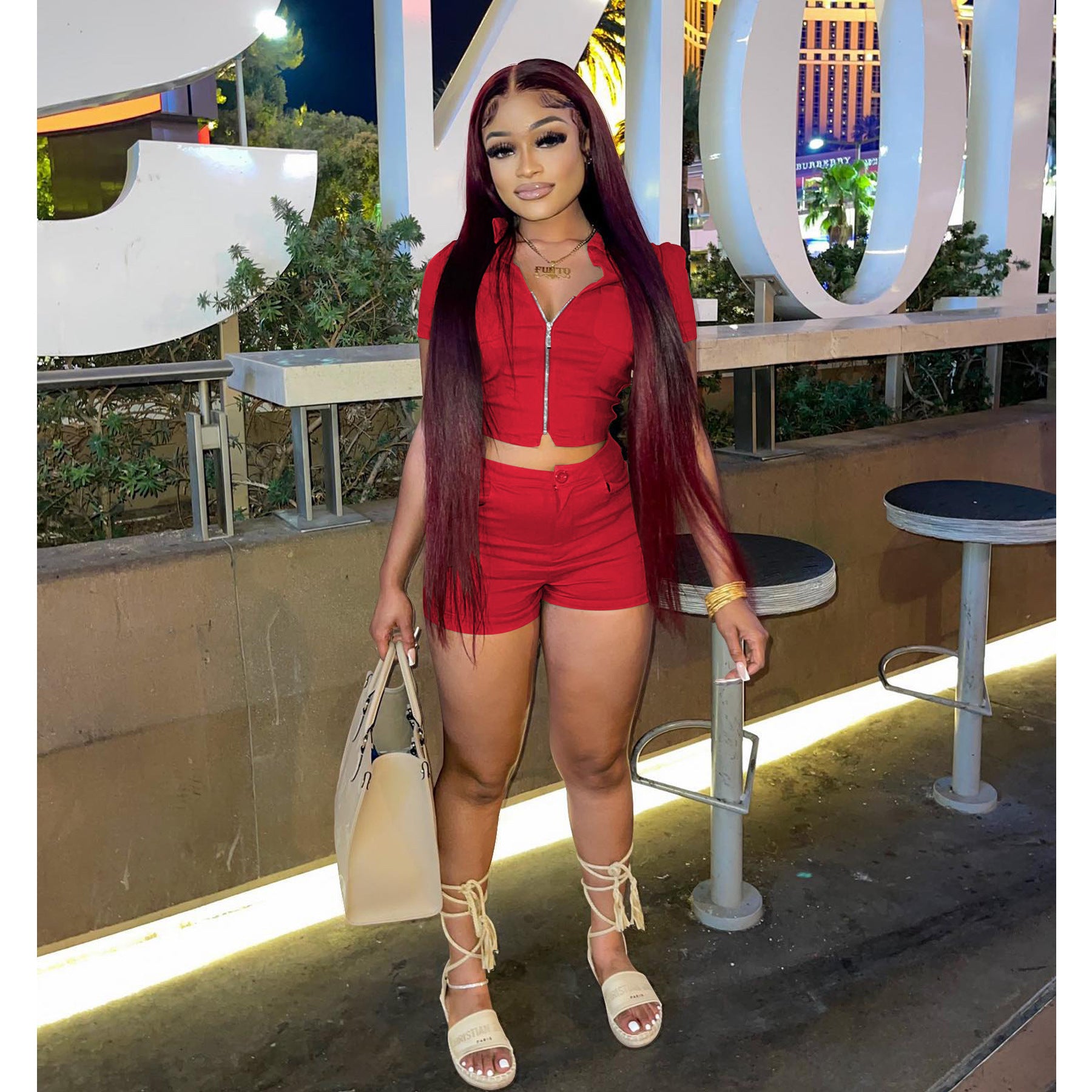 Women's summer casual women's zipper short-sleeved jacket shorts two-piece set of solid color high elastic fabric 3