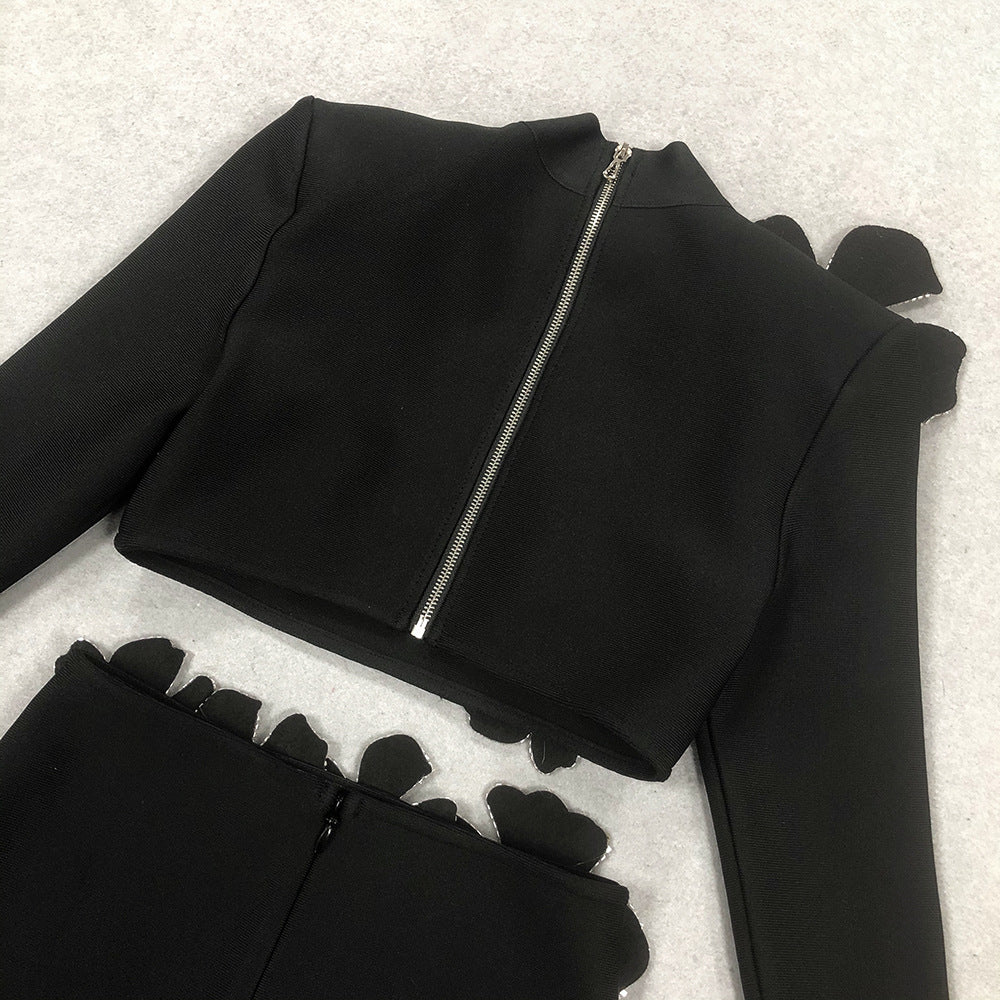 Women Sexy Elegant Beaded Long Sleeve Top and Long SkirtTwo Piece Set 14