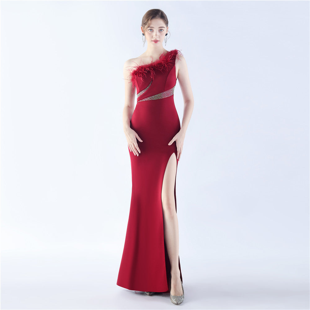 Women One Shoulder Ostrich Feather Beaded Evening Dress 6