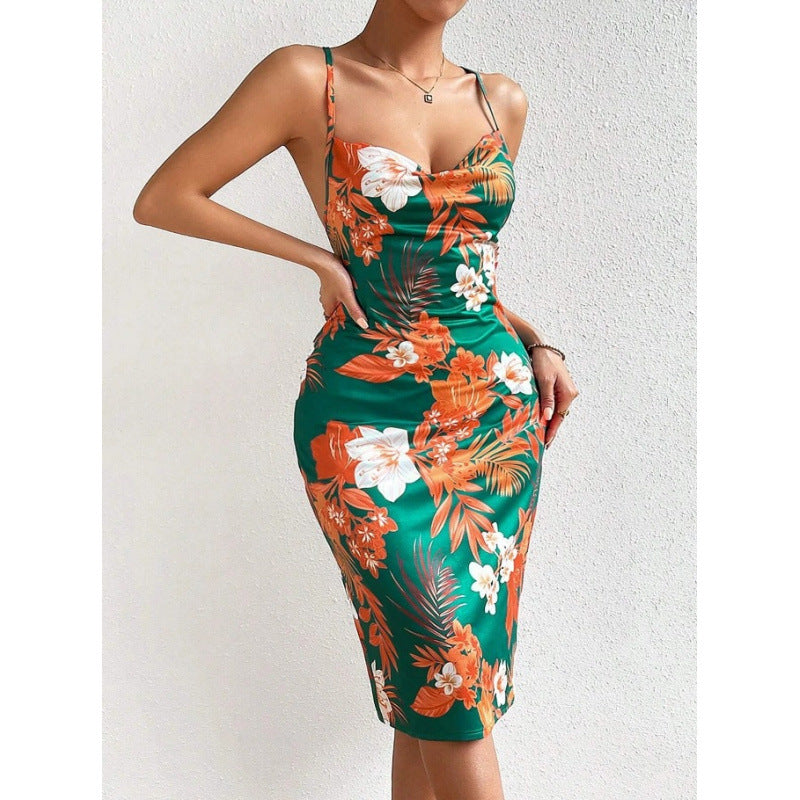 Sexy Women's Side Slit Print Strap Mid Dress 6