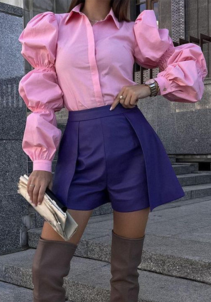 Autumn Women's Fashion Chic Loose Long Sleeve Turndown Collar Solid Color Linen Shirt