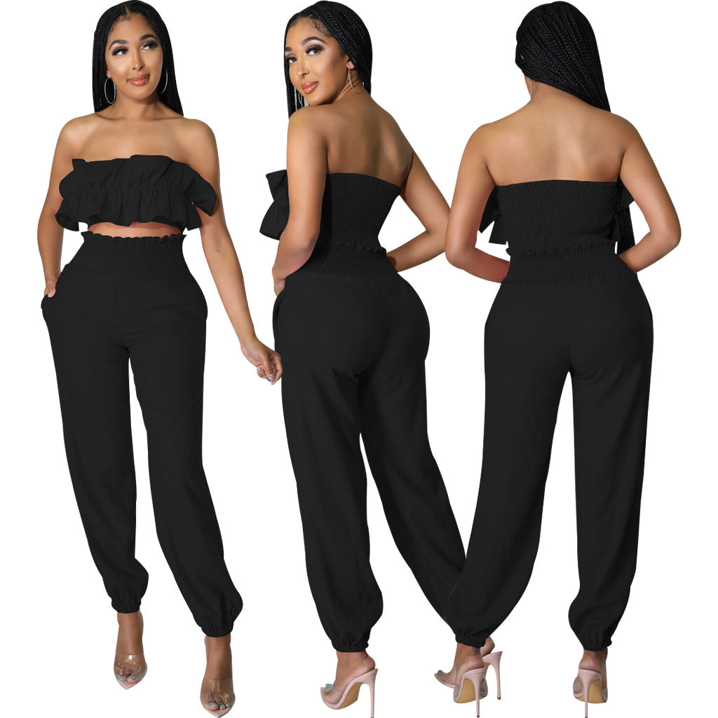 Sexy Fashion Elastic Solid Color Strapless Two-Piece Pants Set