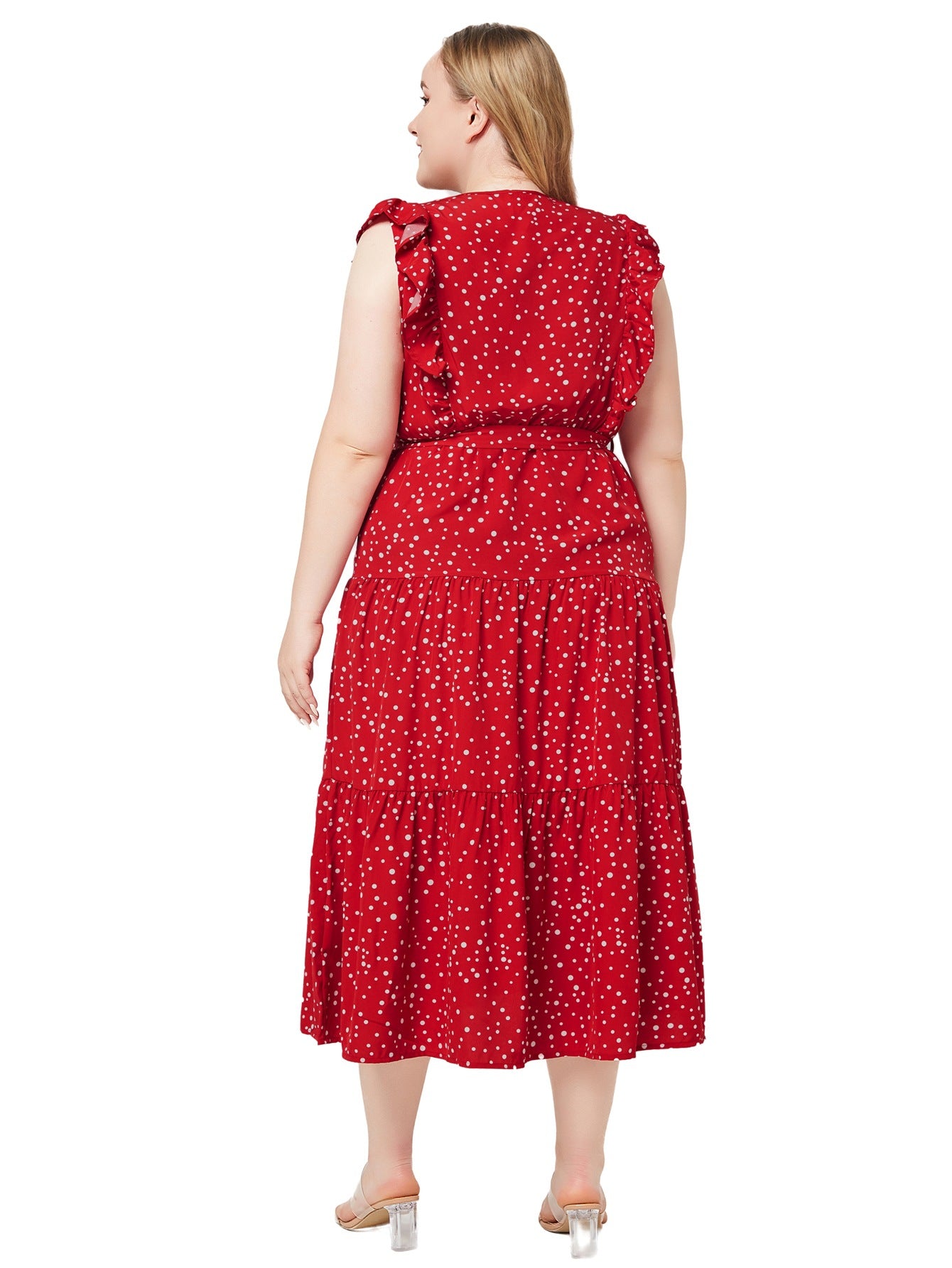 Plus Size Women Summer Round Neck Ruffle Sleeveless Polka Dot Dress 7