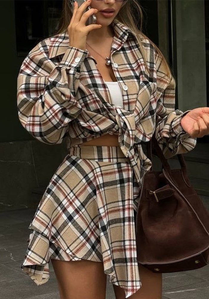 Women American long-sleeved plaid shirt irregular skirt two-piece set