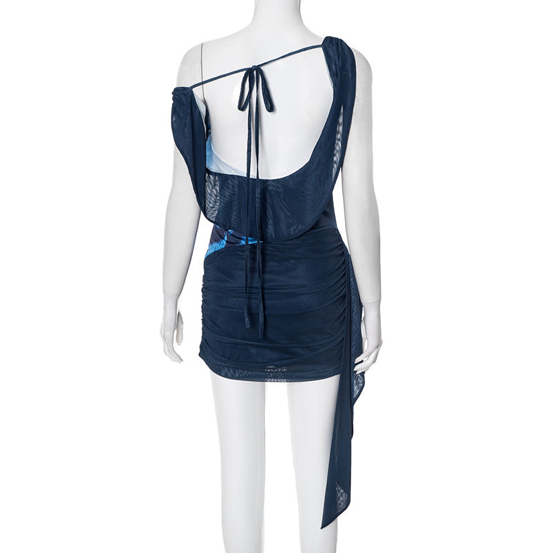 Women Sexy Backless Swing Neck Printed Side Ribbon Bodycon Dress 21