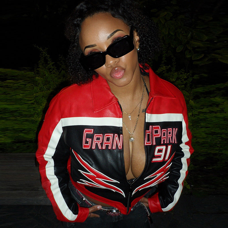 Women Embroidered Turndown Collar Zipper Crop Jacket 3