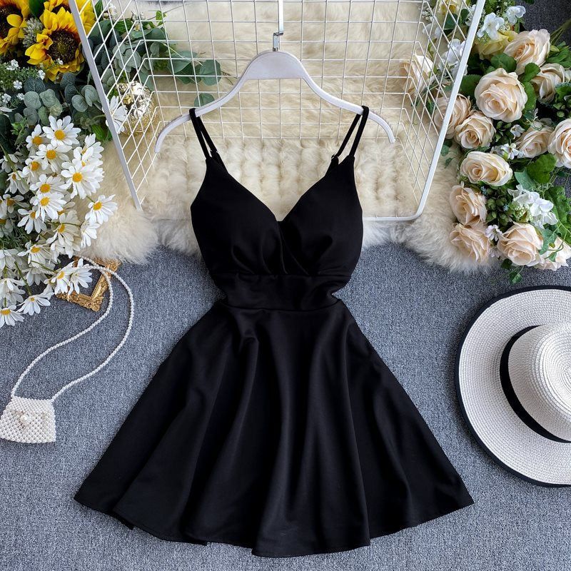 Spring Feminine V-Neck Low Back Slim Waist High Waist Slim Fit Solid Color Straps Basic A-Line Dress 11