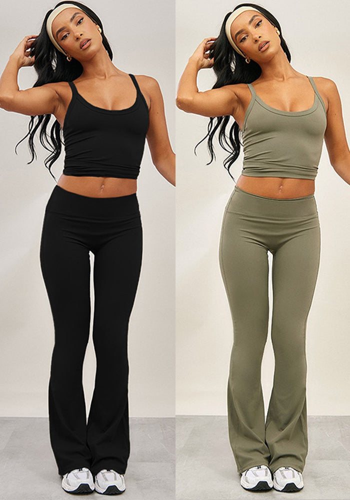 Women Spring Summer Solid Suspender Backless Top and Bell Bottom Pants Two-Piece Set
