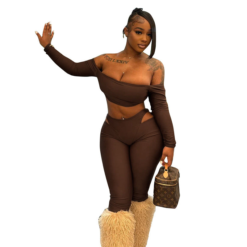 Women's Autumn Off-Shoulder Crop Top & High-Waist Hollow Out Pants Set 7