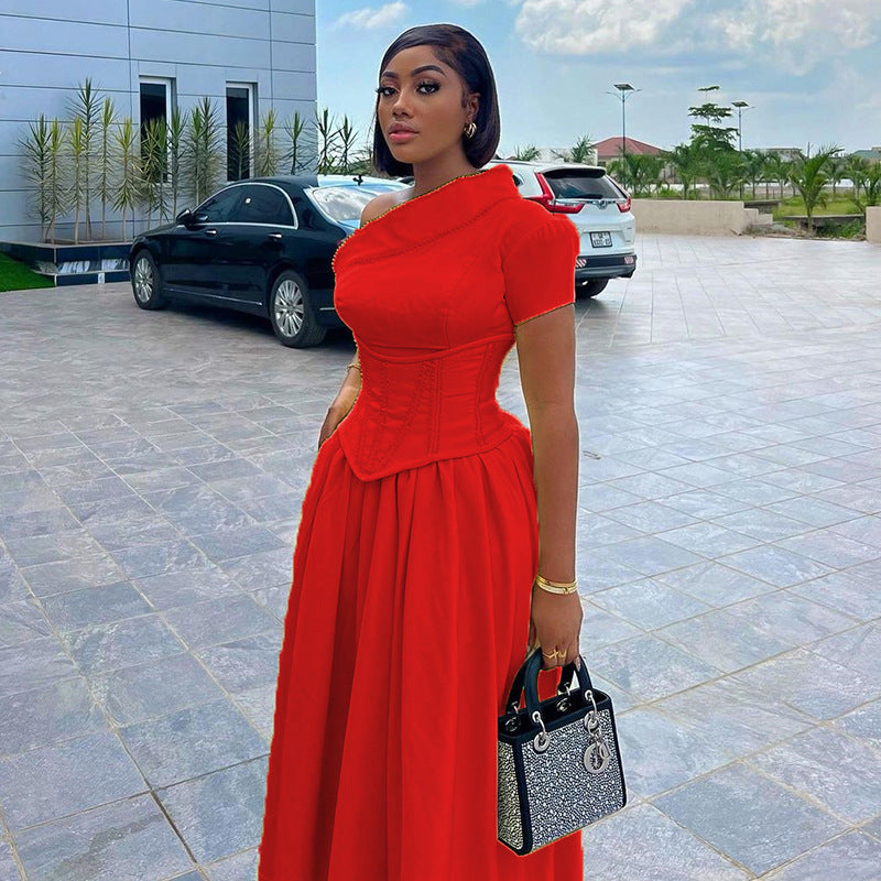 Women African Autumn and Winter Solid Slash Shoulder Short Sleeve Maxi Dress 11