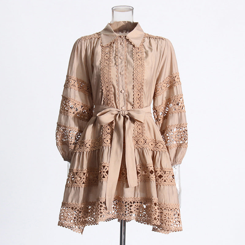 Women's Summer Chic Long Sleeve Hollow Belt Slim Waist Short Dress 4