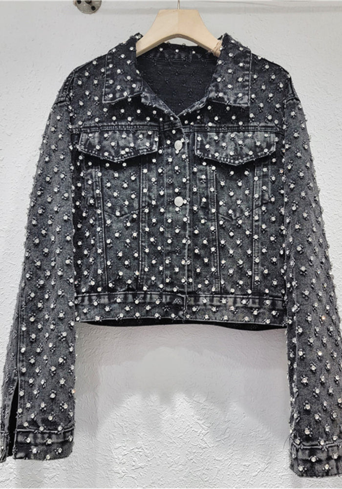 Diamond Denim Top Women's Spring Loose Slim Fit Long-Sleeved Short Jacket