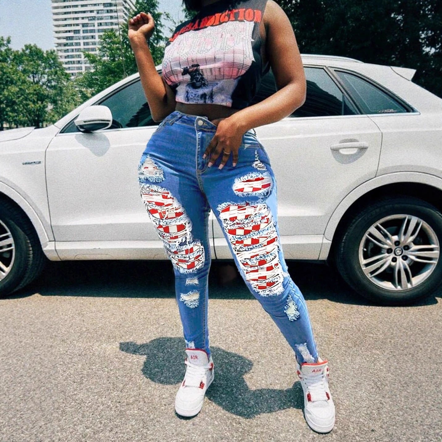 Women summer red plaid patchwork ripped casual stretch denim pants 4