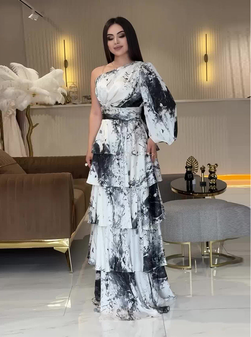 Summer U-Neck Printed Long-Sleeved Bell Bottom Sleeve Fashionable Slim Women's Dress 3