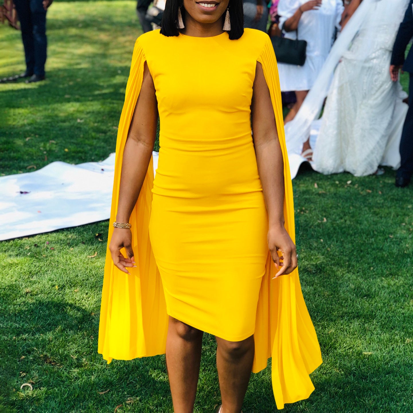 Women's Fashion Solid Color Round Neck Pleated Shawl Sleeve Formal Party Evening Dress